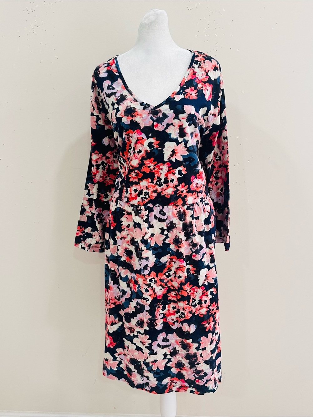 Ulla Popken Plus Sz 24/26 Floral Knit Midi Dress V-Neck Long Sleeve NWT‎